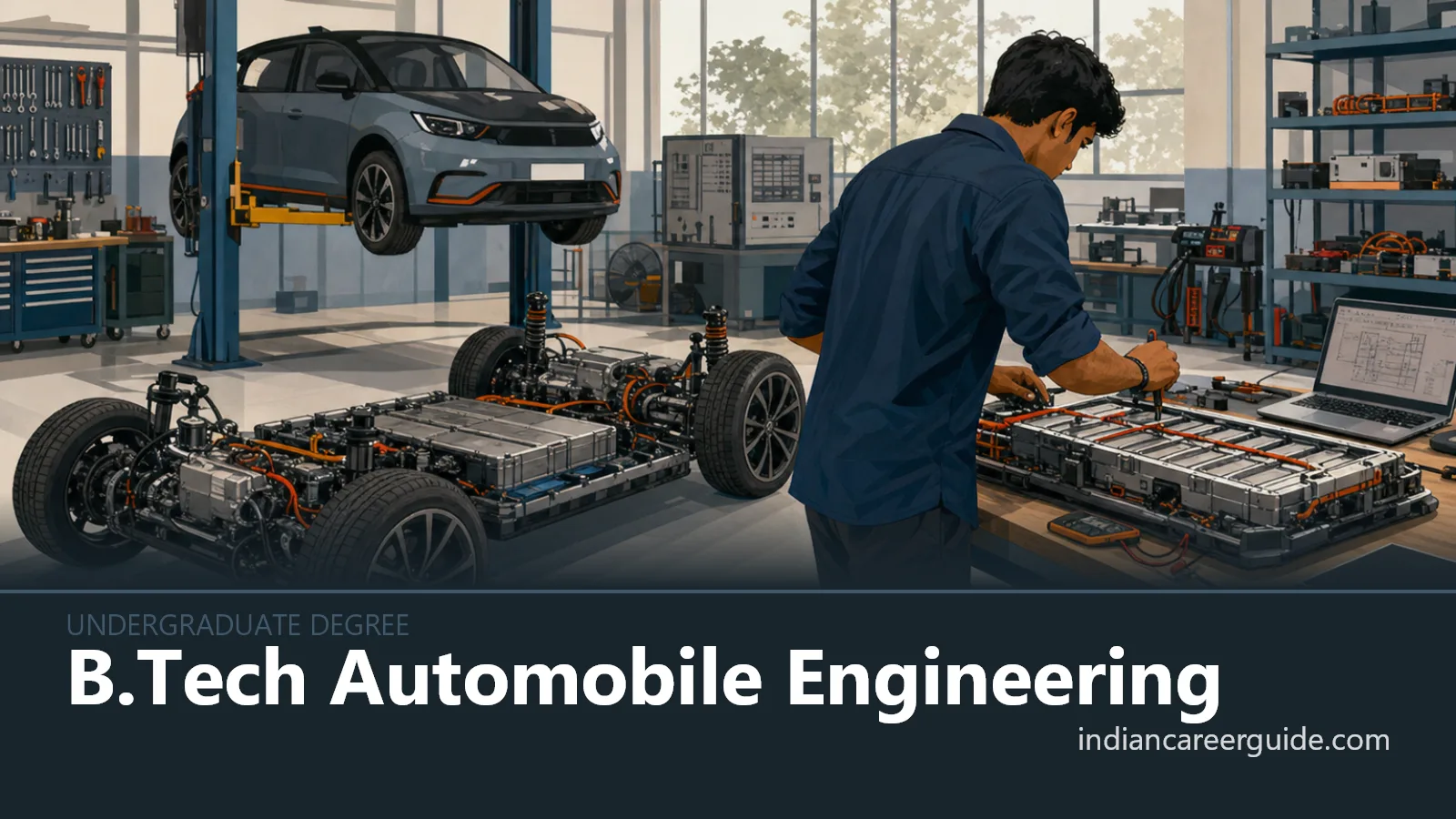 Automotive engineering laboratory where a B.Tech Automobile Engineering student tests a vehicle chassis.