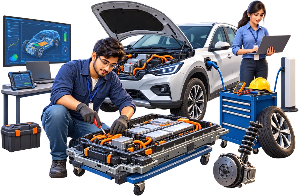 B.Tech Automobile Engineering student inspecting an electric vehicle battery pack with diagnostic tools.