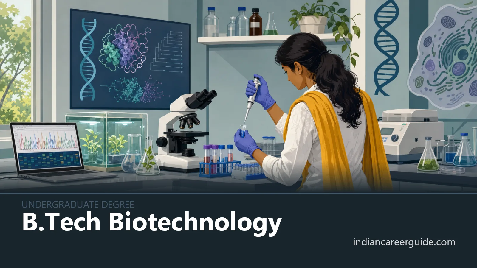 Laboratory bench where a B.Tech Biotechnology student examines prepared samples with a microscope.