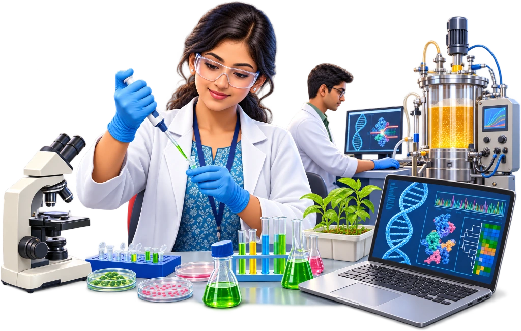 B.Tech Biotechnology student using a micropipette to transfer samples into a test tube.