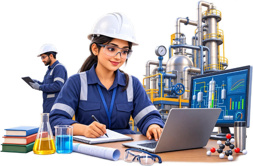 Chemical engineering student checking valves on a process pipe rig, B.Tech Chemical Engineering.