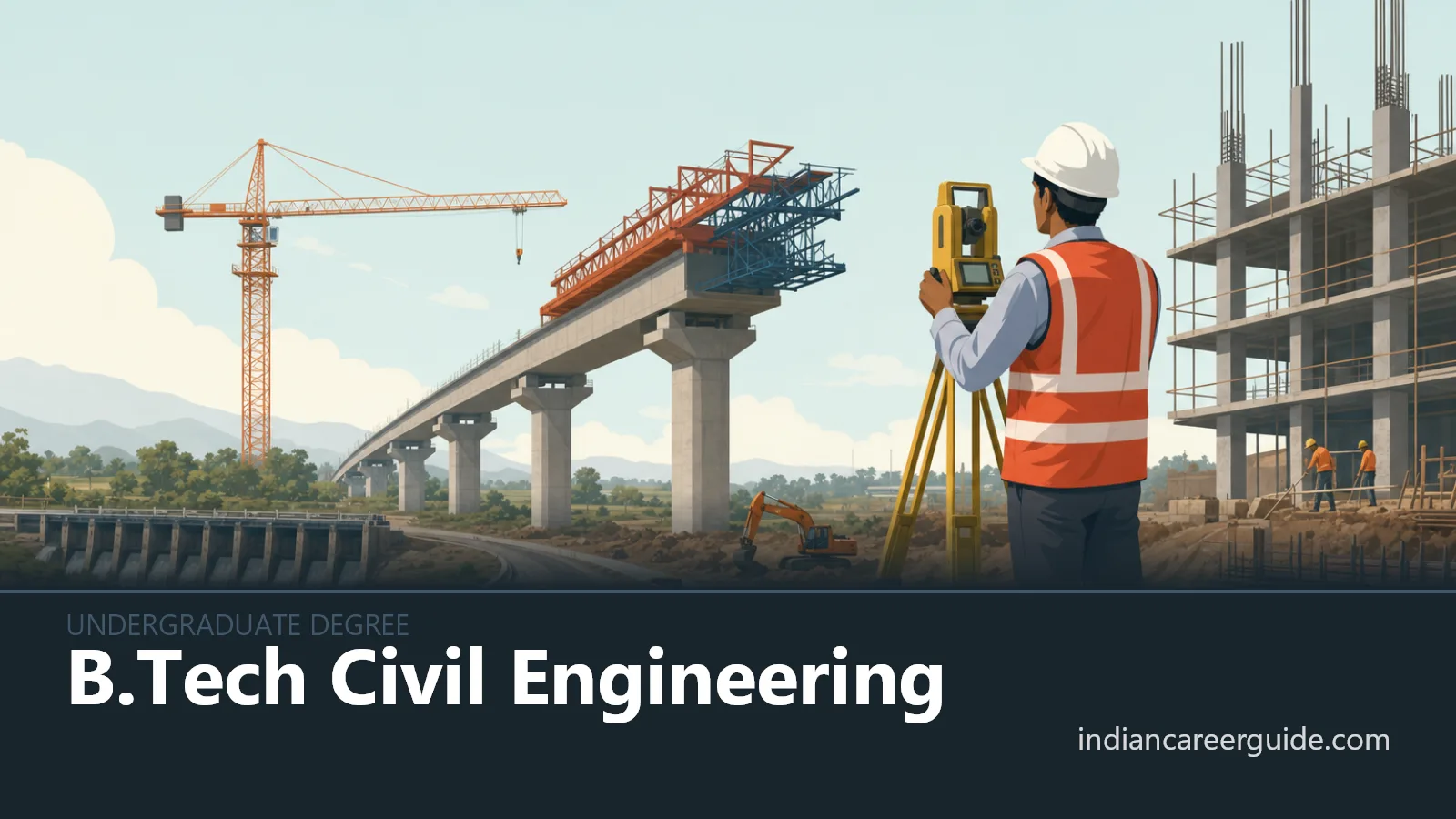 Construction site where a B.Tech Civil Engineering student inspects reinforcement before a concrete pour.