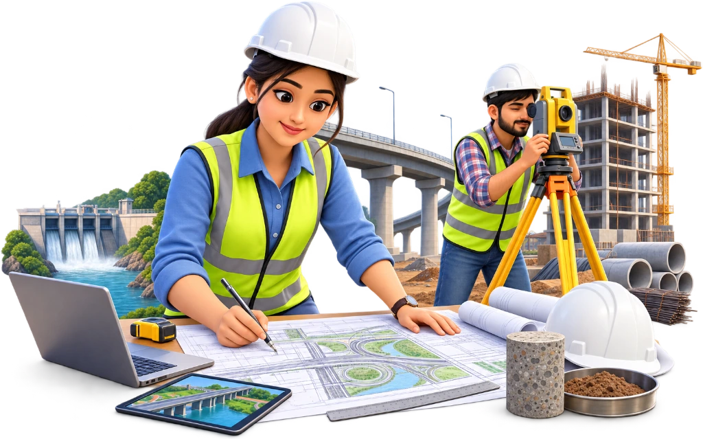 Civil engineering student in helmet checking a bridge concrete beam with a measuring level.