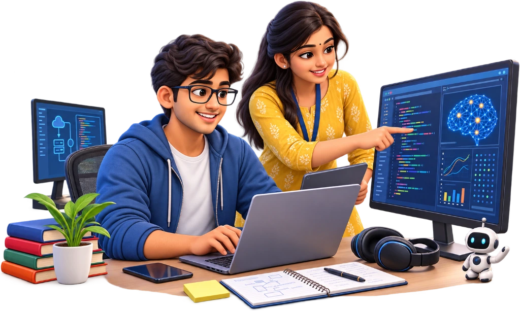 B.Tech Computer Science student writing code on a laptop beside a desktop computer and circuit board.