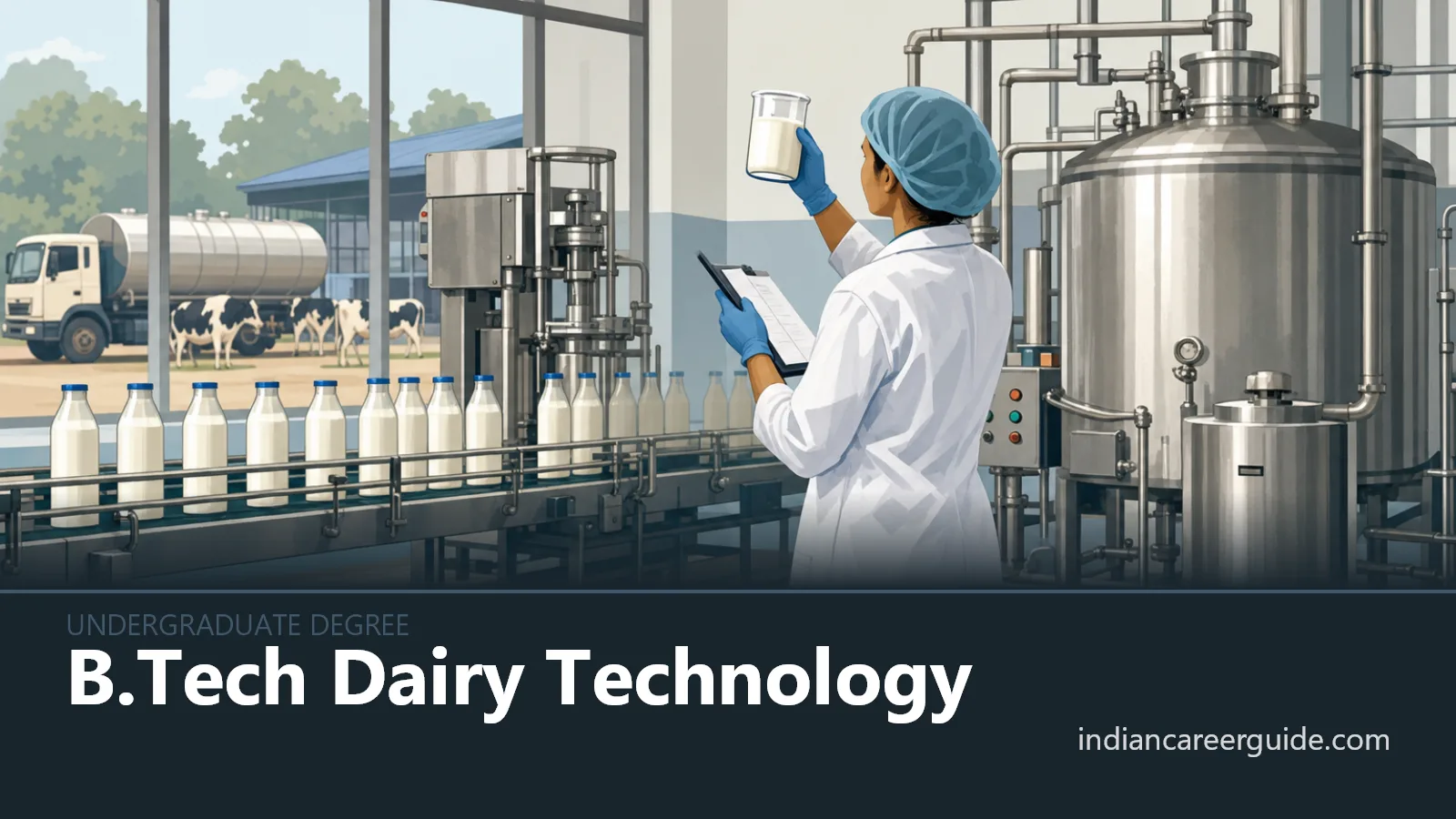Dairy processing plant where a B.Tech Dairy Technology student monitors milk processing equipment.