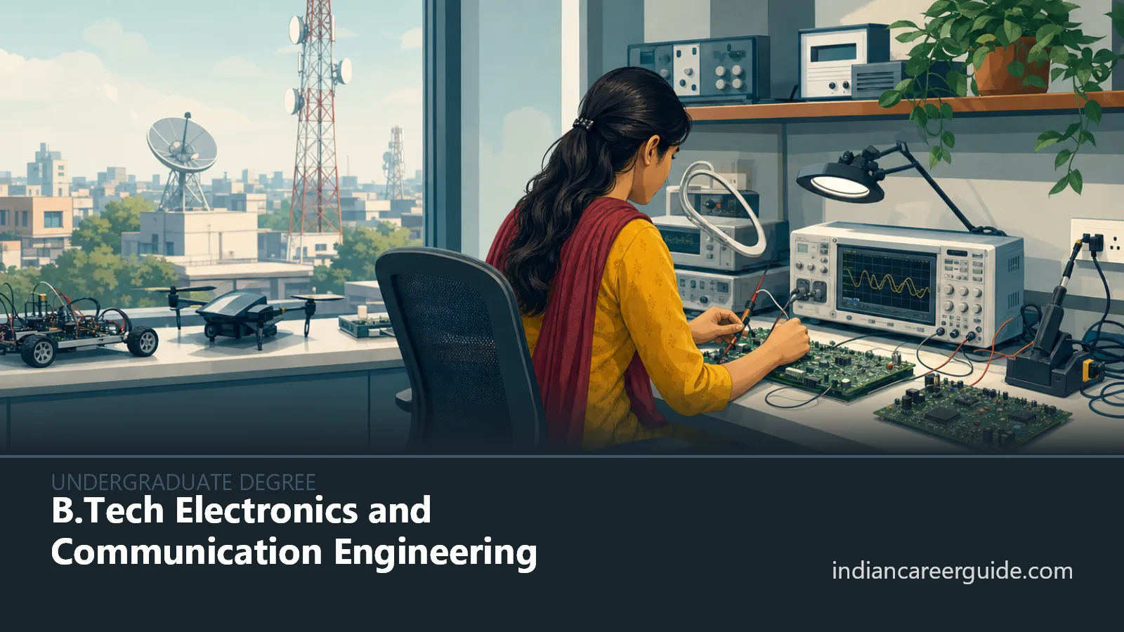 Engineering laboratory where a B.Tech Electronics and Communication Engineering student works on an embedded circuit.