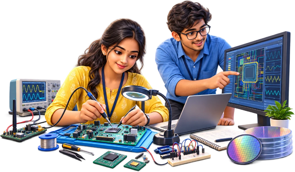 Electronics and Communication Engineering student testing a circuit board with probes and an oscilloscope.