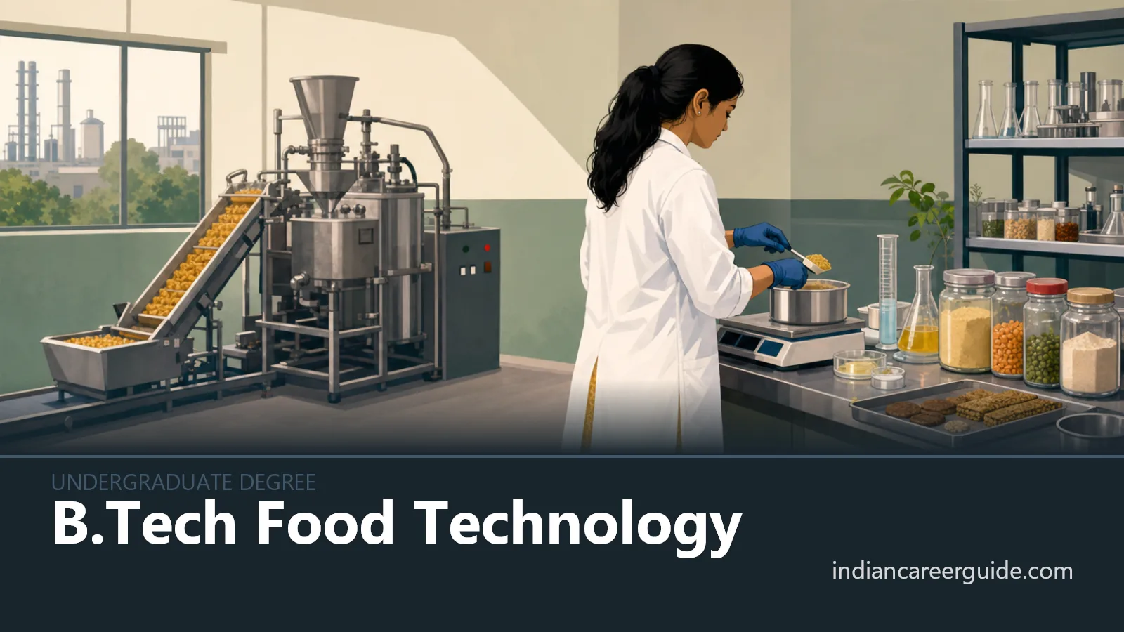 Food processing laboratory where a B.Tech Food Technology student checks sealed food packets.