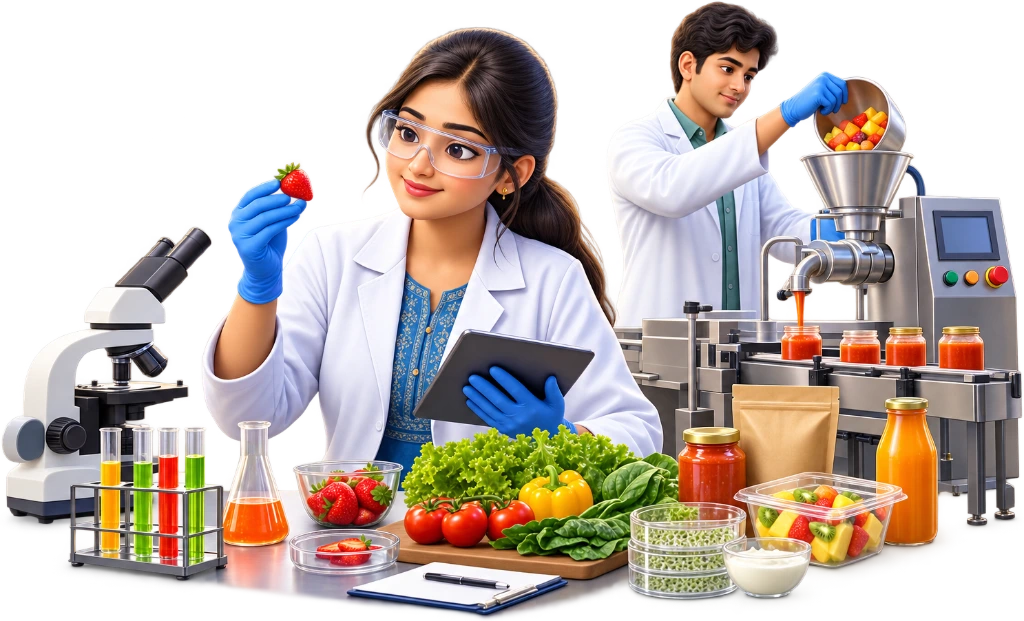 Food Technology student in lab coat testing a packaged food sample with a pipette.