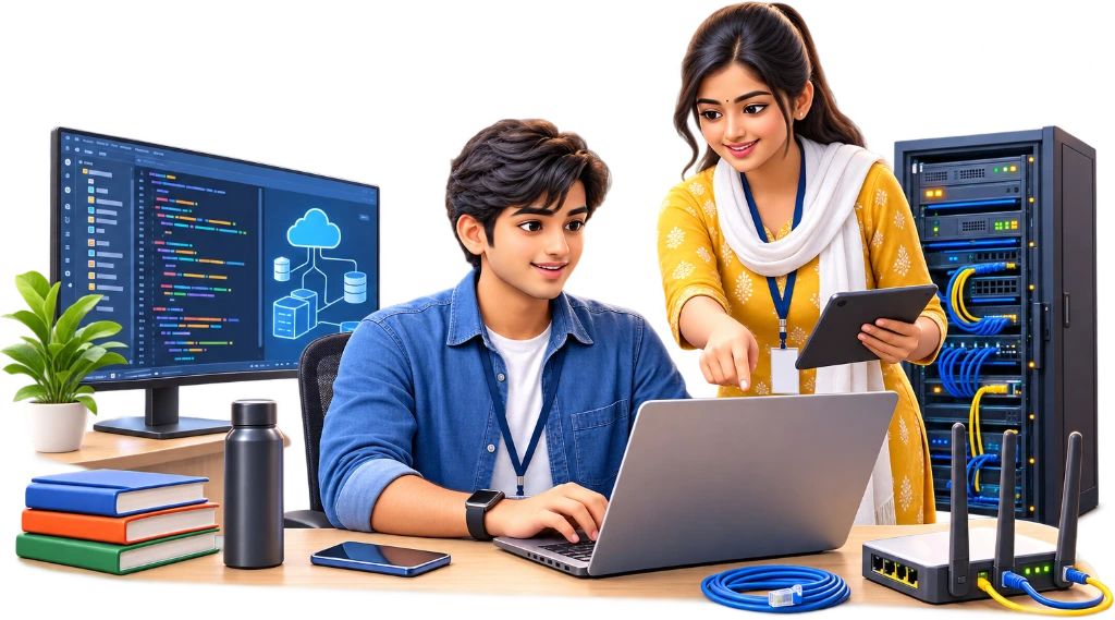 B.Tech Information Technology student configuring a network switch beside a laptop with system diagrams.