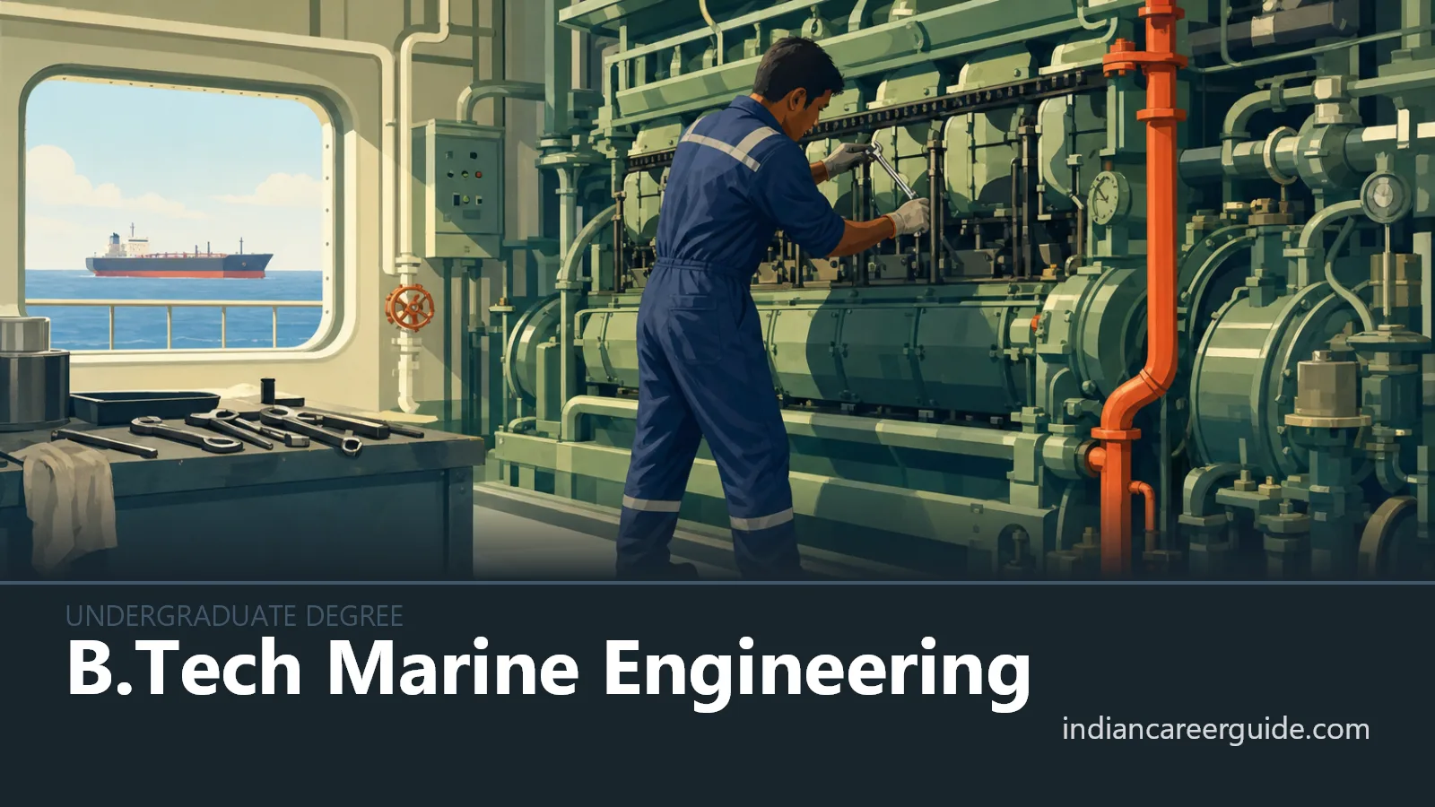 Merchant ship engine room where a B.Tech Marine Engineering trainee inspects machinery beside pipes.