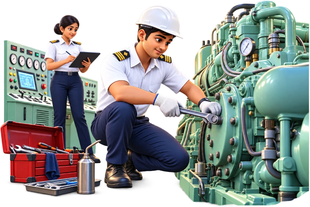 Marine Engineering trainee checking a ship engine control panel with a tool in hand, B.Tech course.