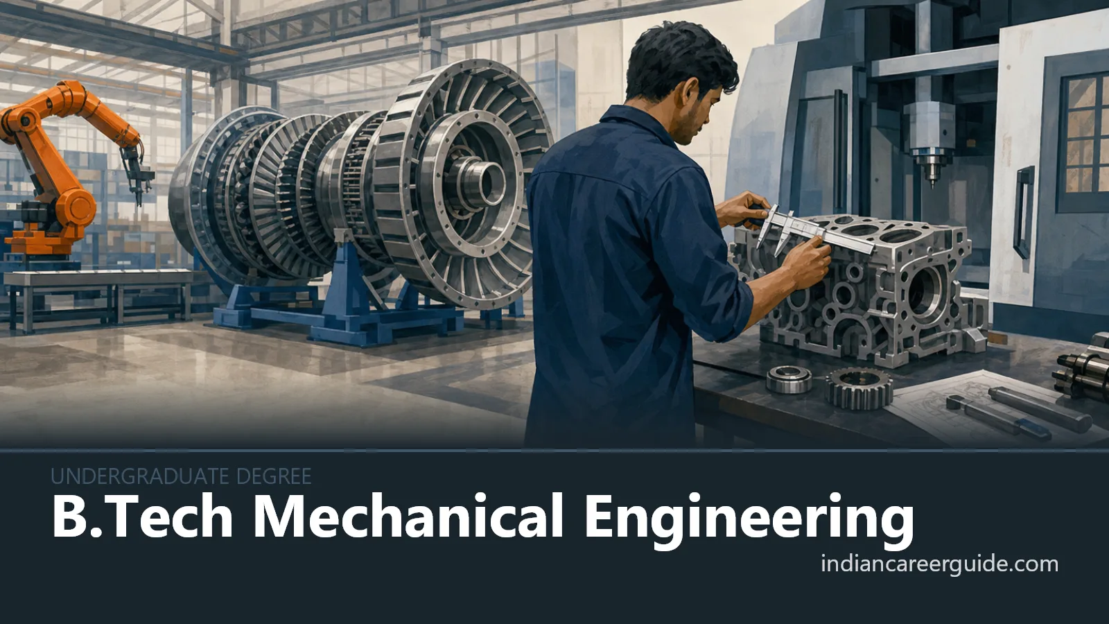 College machine workshop where a B.Tech Mechanical Engineering student operates a lathe on a metal part.