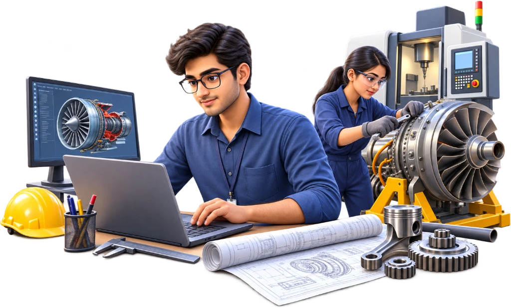 Mechanical engineering student measuring a metal component with a vernier calliper, B.Tech Mechanical Engineering.