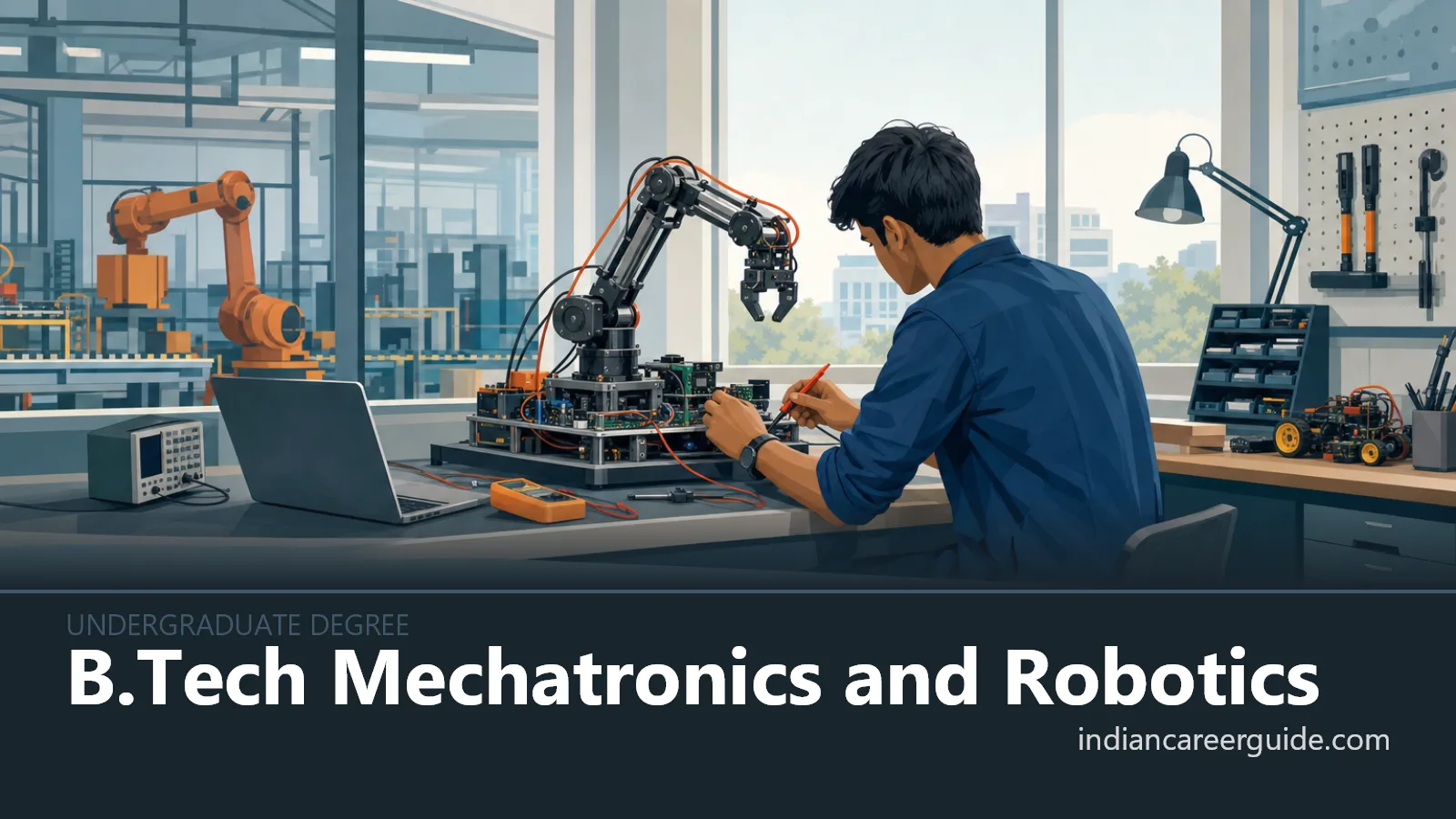 Industrial automation lab where a Mechatronics and Robotics student tests a robotic arm.