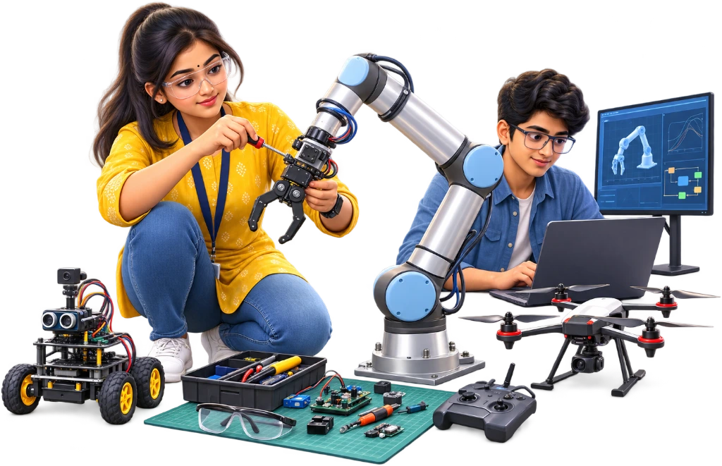 Mechatronics and Robotics student programming a robotic arm beside its control panel.