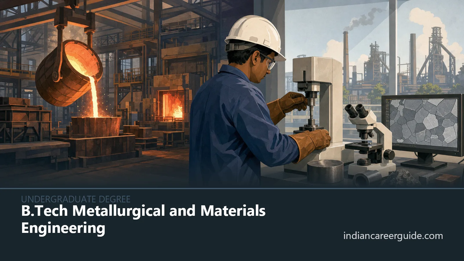 Steel plant laboratory where a B.Tech Metallurgical and Materials Engineering student tests metal samples.