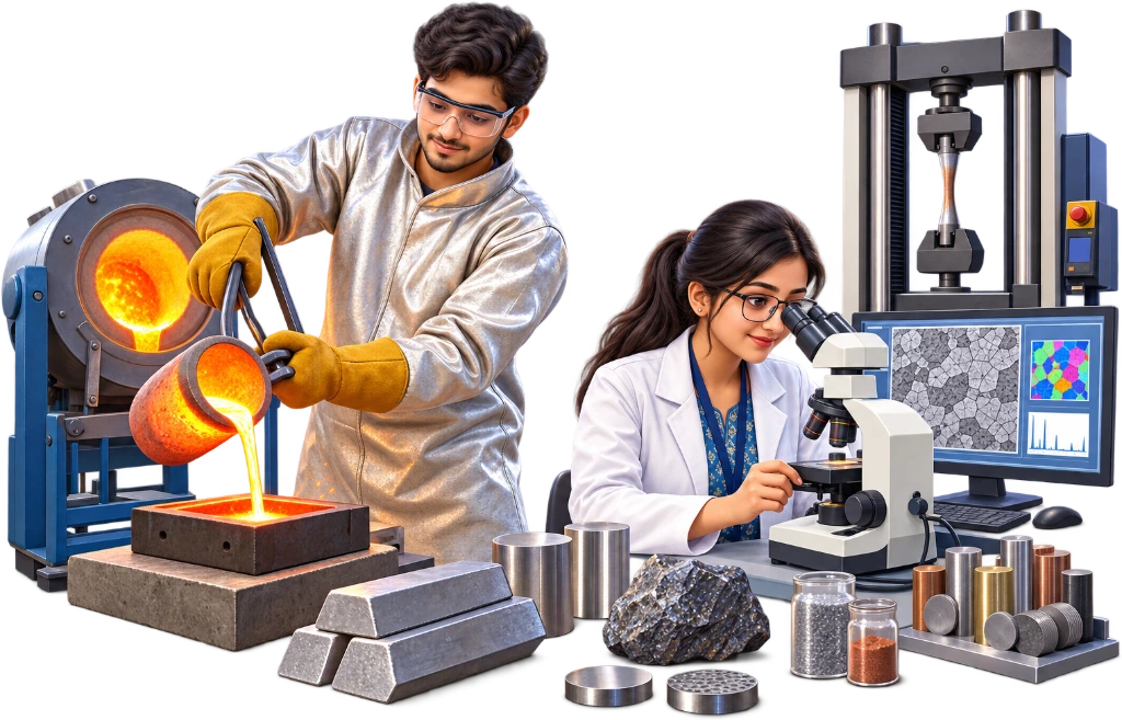 Metallurgical engineering student examining a polished metal sample under a laboratory microscope.