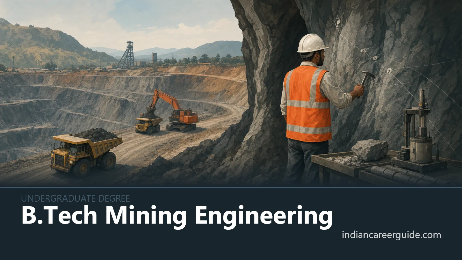 Open-pit mine site where a B.Tech Mining Engineering trainee monitors haul roads and mine safety.