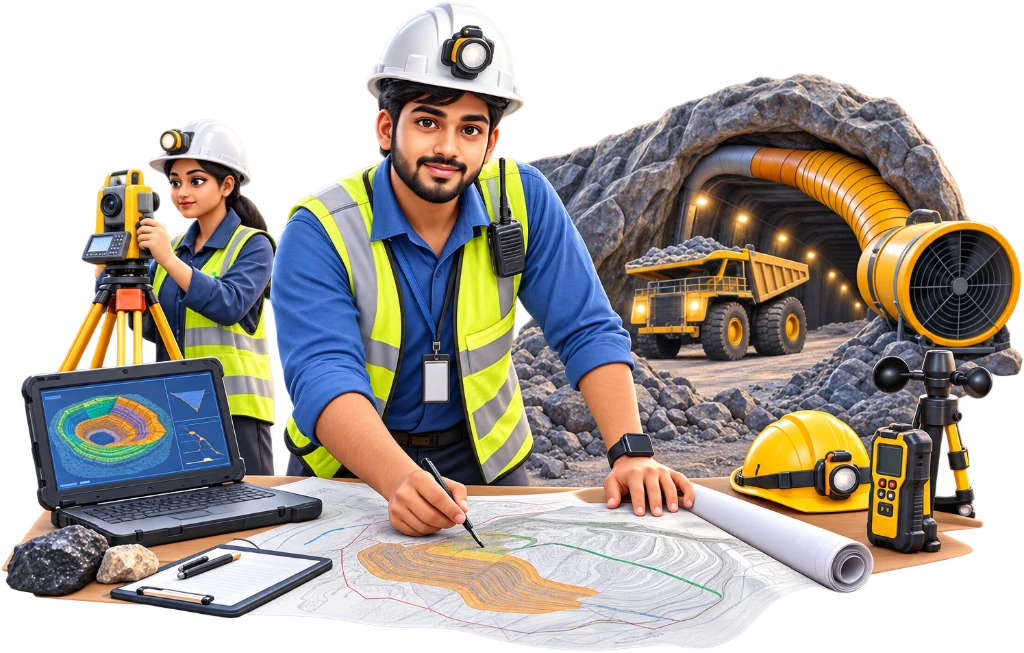 Mining engineering trainee in helmet checking rock face stability with a geological hammer.