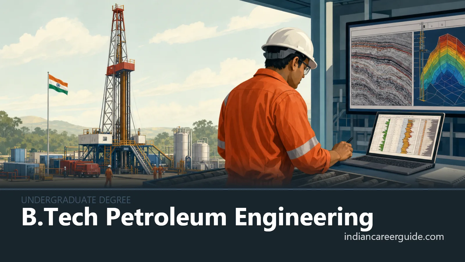 Oilfield drilling site where a B.Tech Petroleum Engineering trainee checks production equipment.