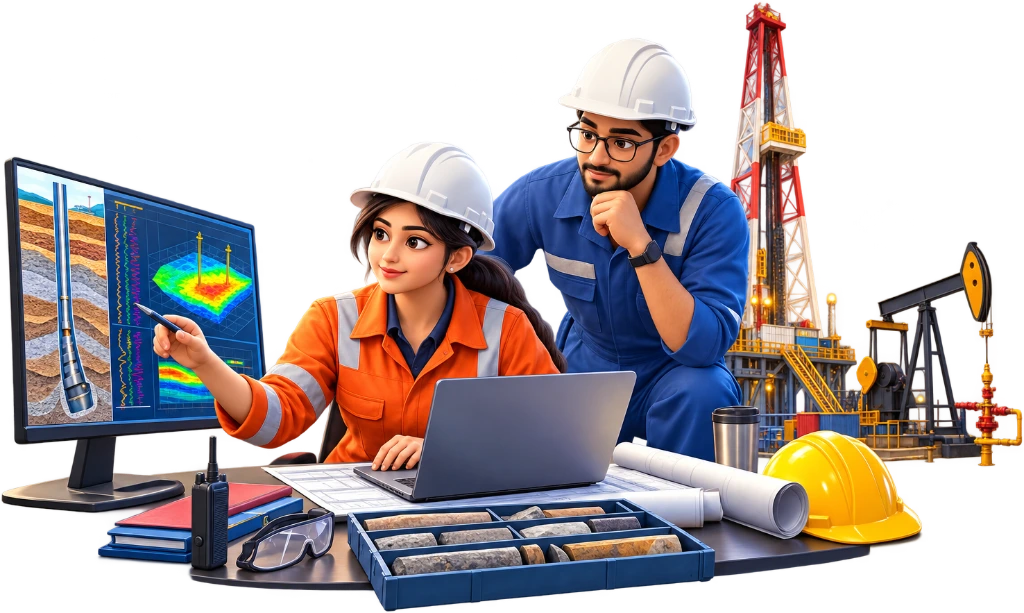Petroleum Engineering student monitoring a drilling rig control panel beside a wellhead.