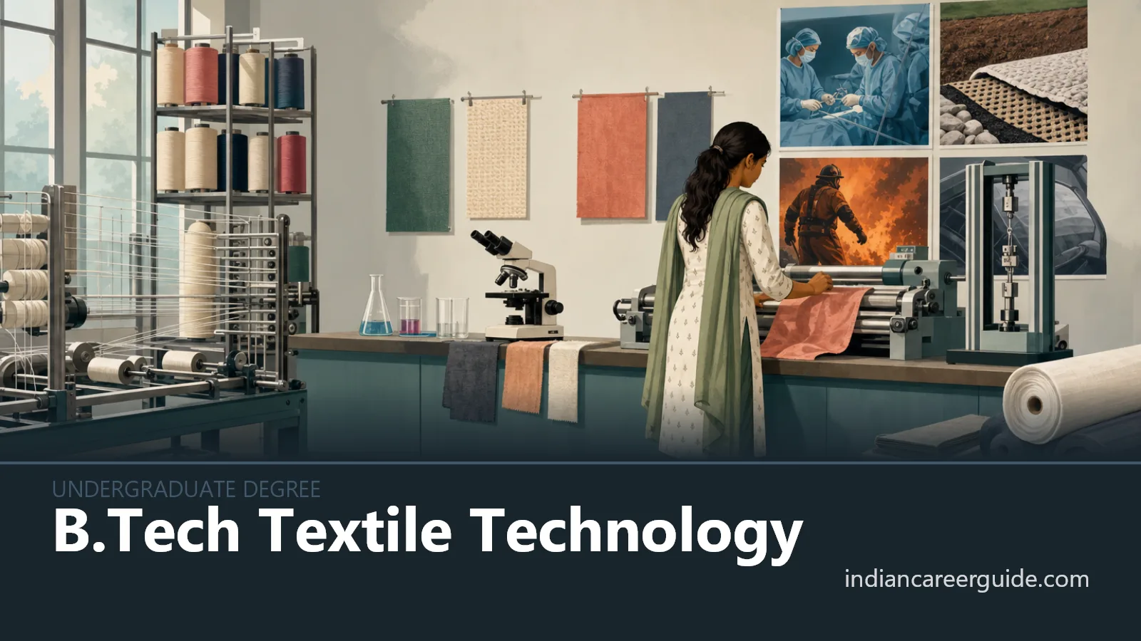 Textile mill floor where a B.Tech Textile Technology trainee checks yarn running through weaving equipment.