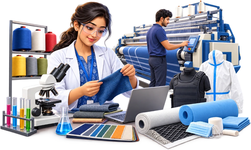 Textile Technology student inspecting fabric on a weaving machine, B.Tech Textile Technology course.