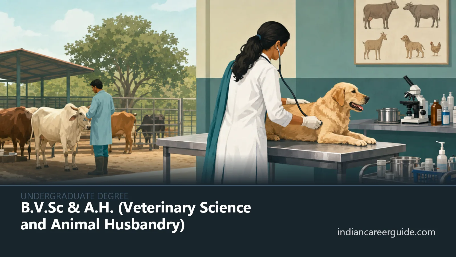 Animal clinic where a Veterinary Science and Animal Husbandry trainee examines a dog on a table.