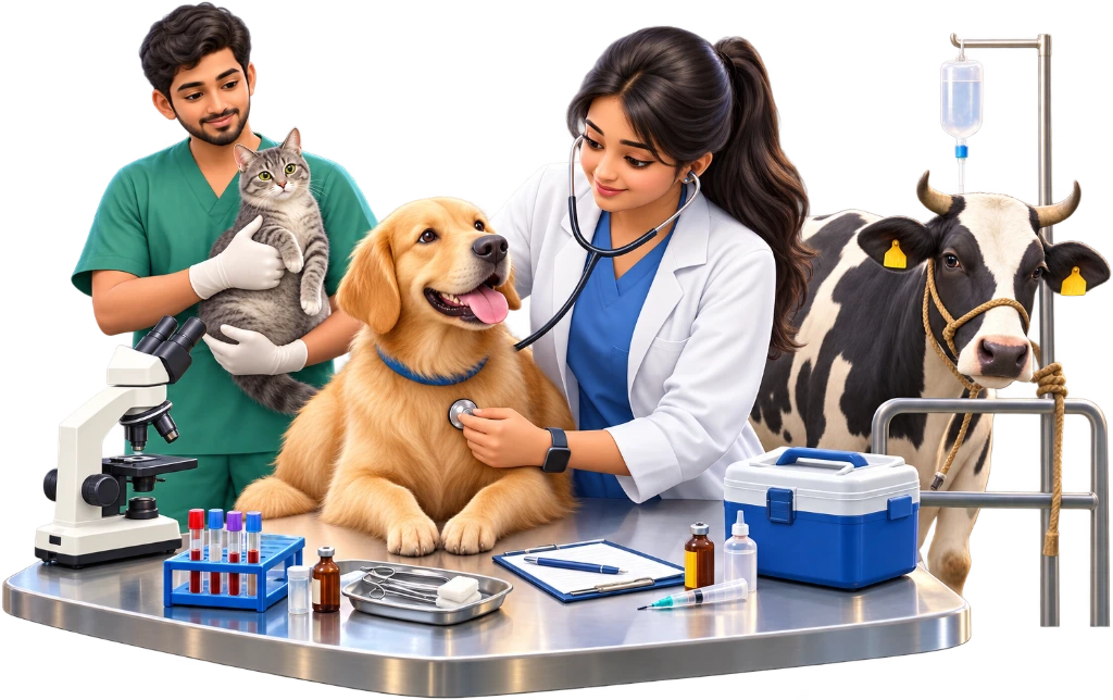 Veterinary Science and Animal Husbandry student examining a dog with a stethoscope and gloves.