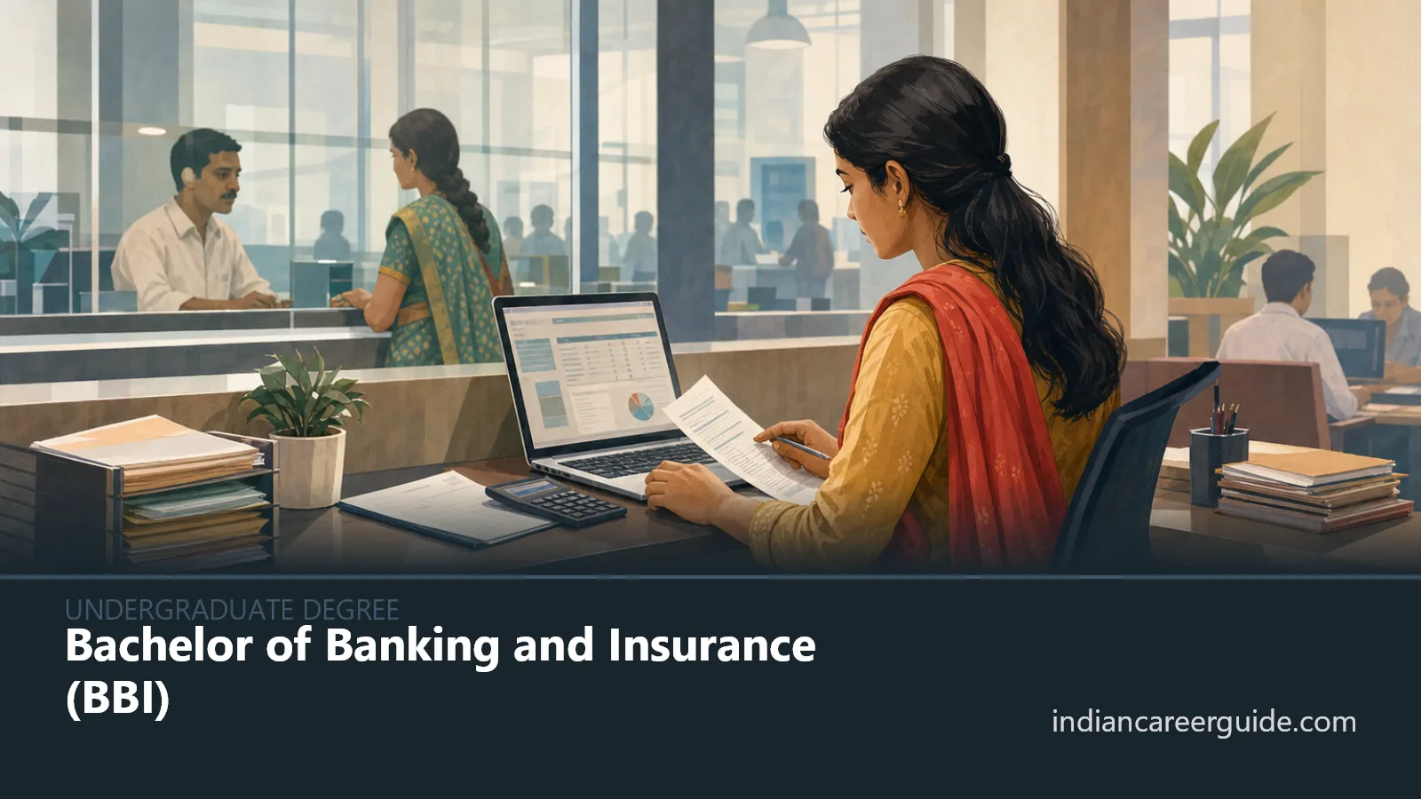Bank branch office where a Bachelor of Banking and Insurance student discusses insurance forms with a customer.