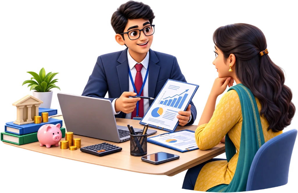 Bachelor of Banking and Insurance student using a laptop to explain an insurance policy to a customer.