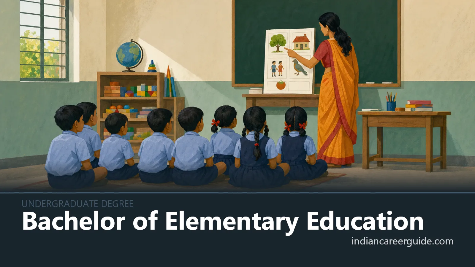 Indian primary classroom where a B.El.Ed trainee teaches young children using a blackboard and charts.