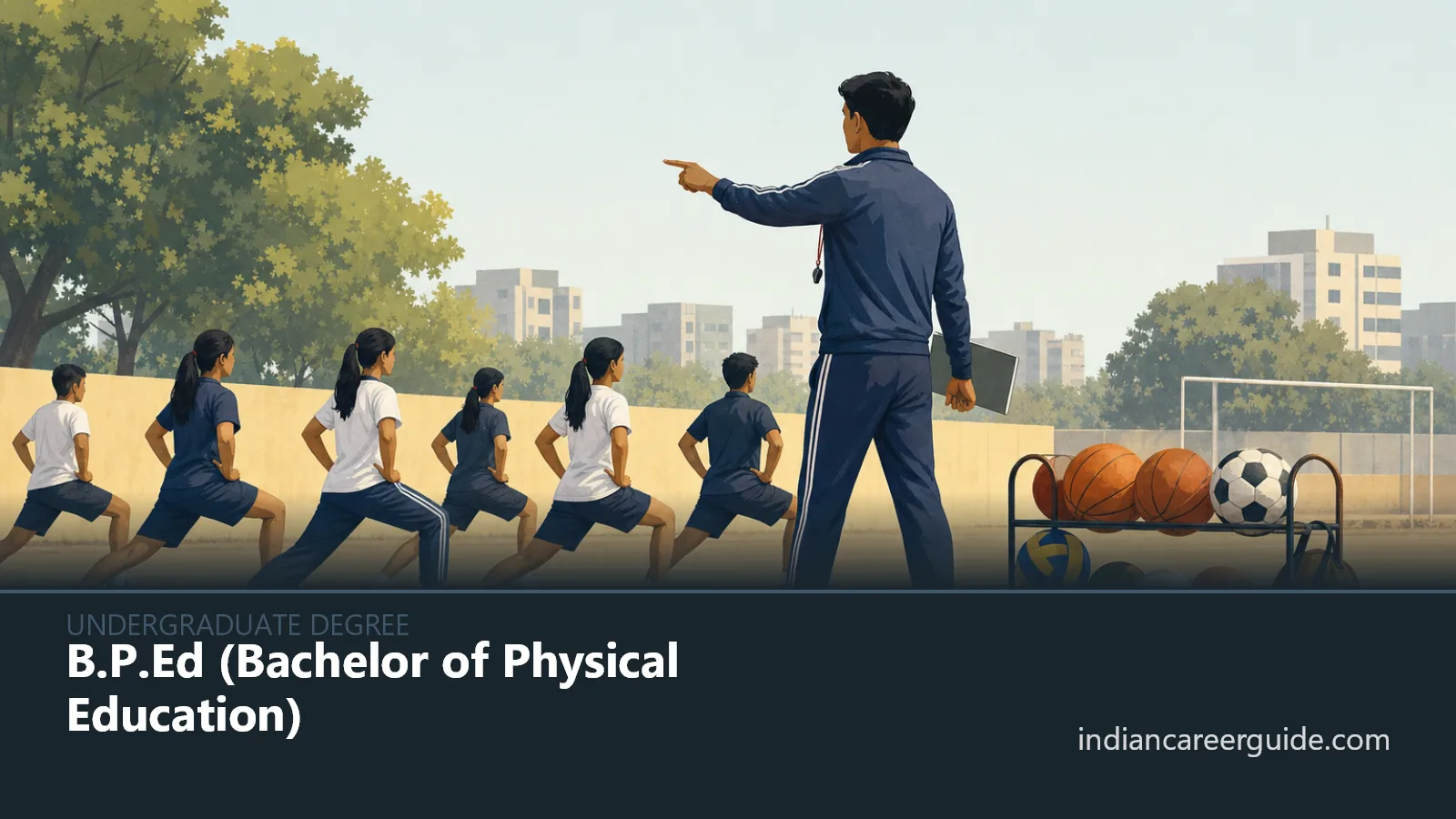 School sports ground where a B.P.Ed trainee leads students through warm-up drills before athletics practice.