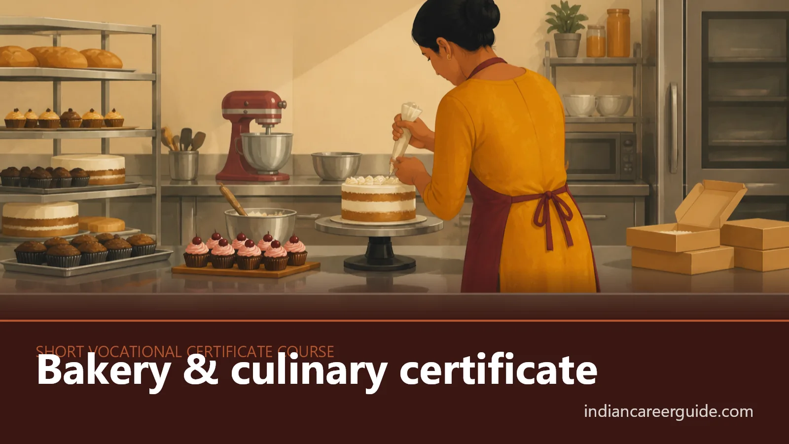 Commercial bakery kitchen where a bakery and culinary certificate trainee prepares pastries at a worktable.