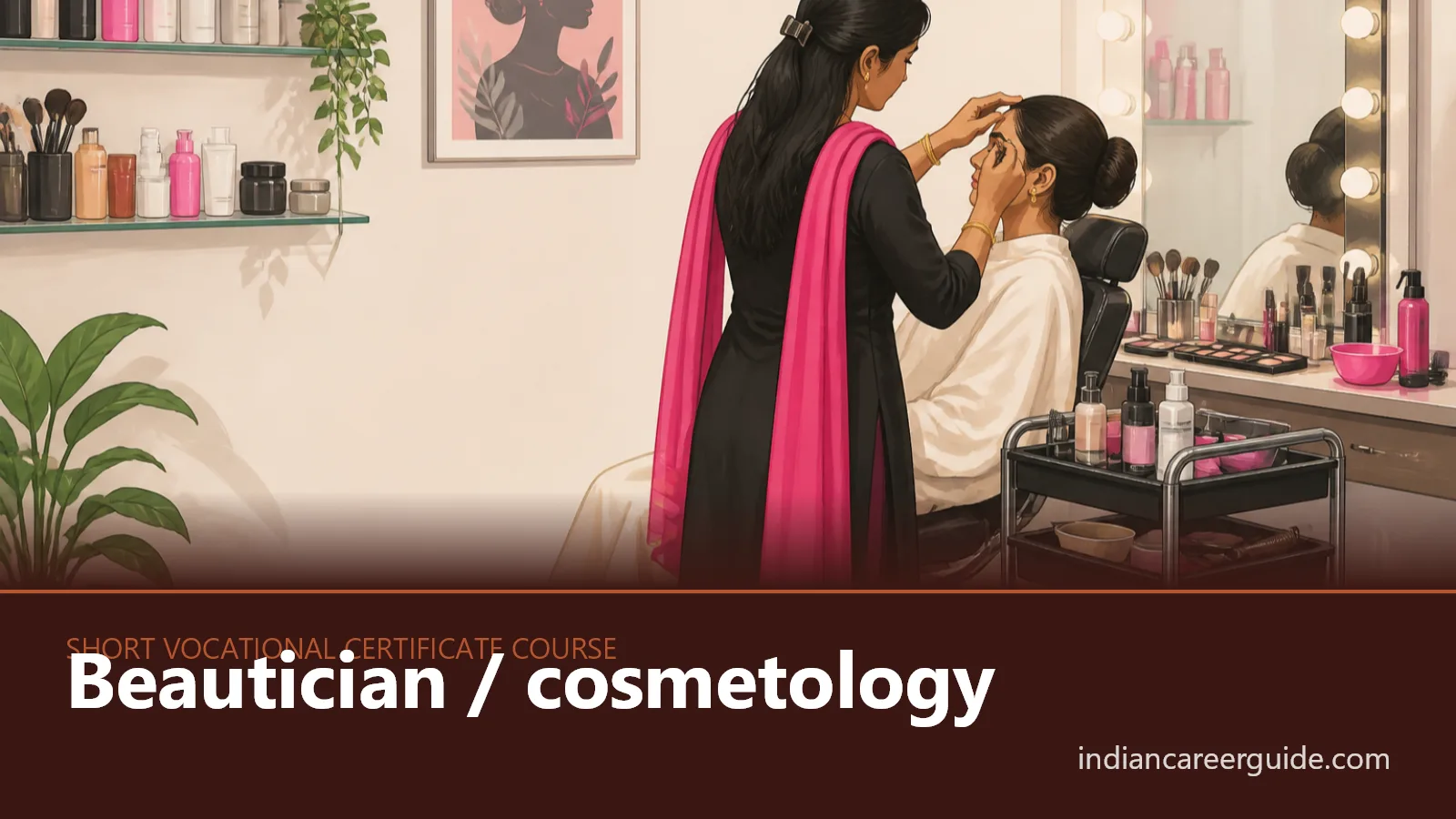 Salon workstation where a cosmetology certificate trainee provides a facial treatment to a seated client.
