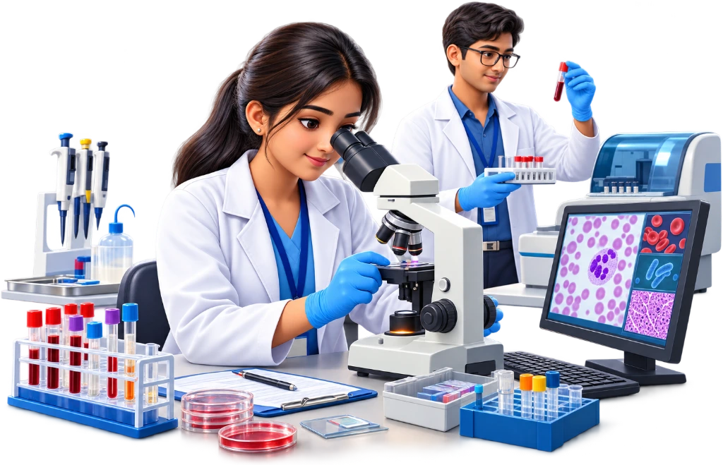 B.Sc Allied Health Sciences student examining a blood sample under a laboratory microscope.