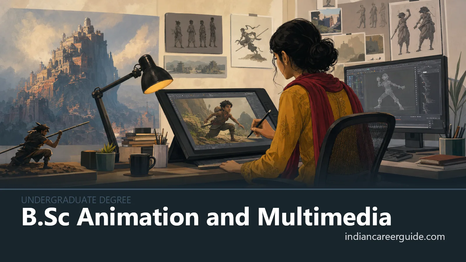 Computer lab where a B.Sc Animation and Multimedia student edits a scene on a workstation.
