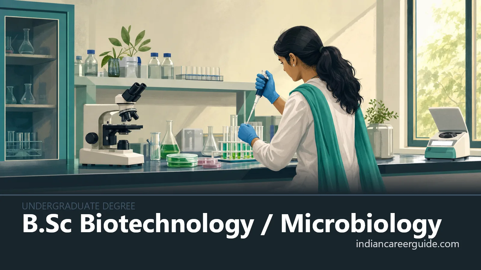 Indian college laboratory where a B.Sc Microbiology student examines microbial samples at a workbench.