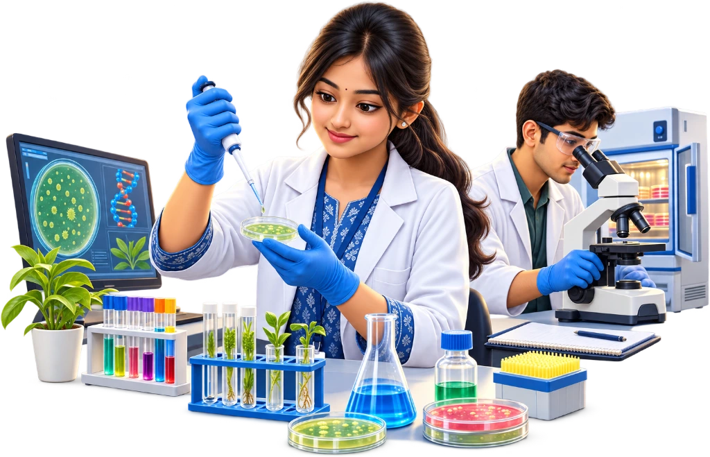 Biotechnology student using a micropipette to transfer sample into test tubes, B.Sc Biotechnology course.