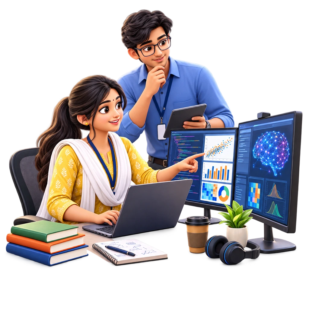 B.Sc Data Science student using a laptop to analyse charts and write code from a dataset.