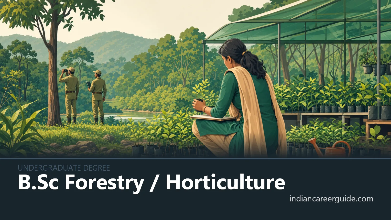 Forest nursery where a B.Sc Forestry / Horticulture student tends rows of saplings under shade nets.