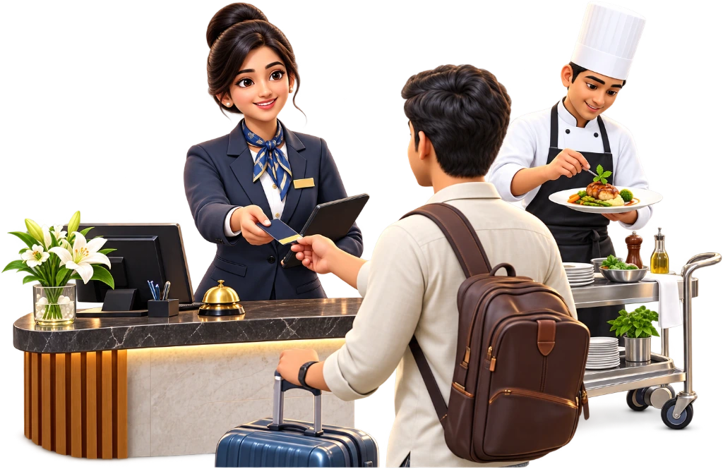 Hospitality student holding a serving tray while setting a dining table, B.Sc Hospitality and Hotel Administration.