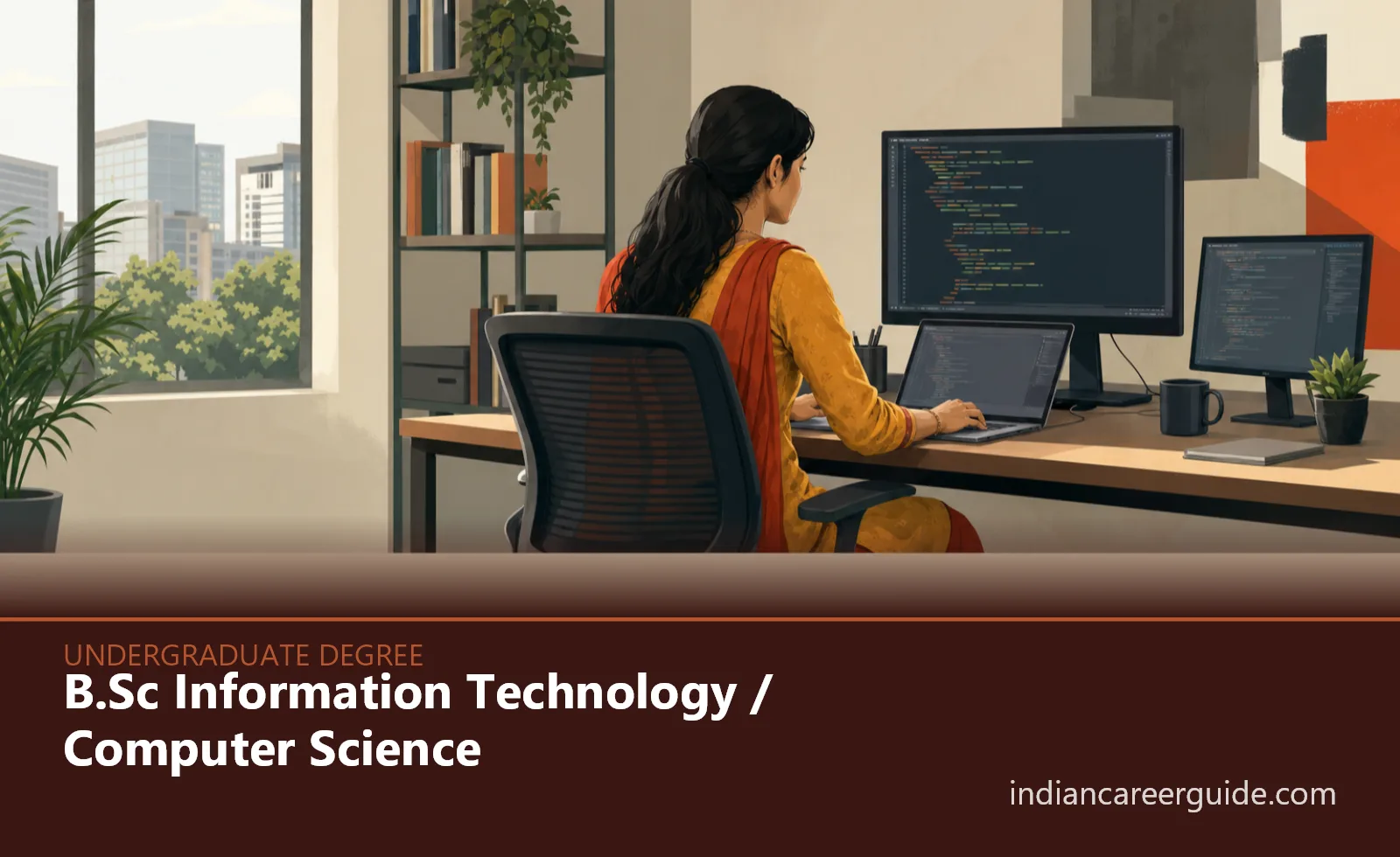 Indian college computer lab where a B.Sc Information Technology student tests a program on a desktop computer.