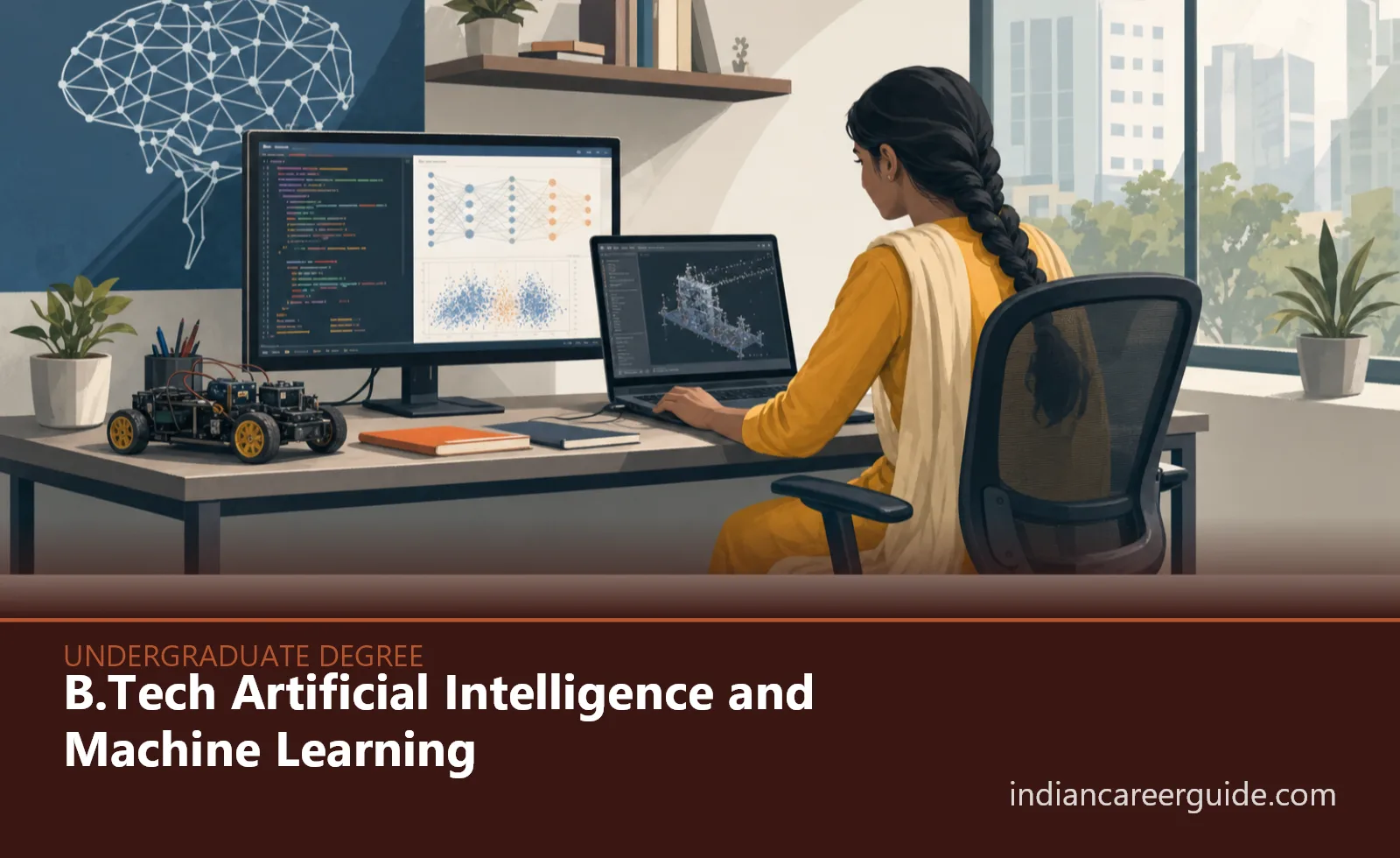 Engineering computer lab where a B.Tech AI and Machine Learning student tests code on a desktop.