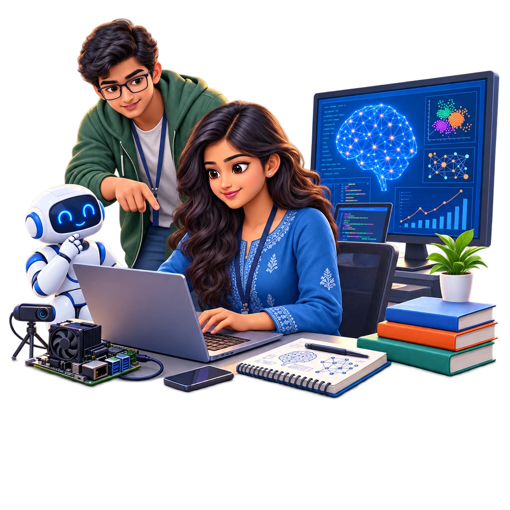 B.Tech AI and Machine Learning student training a model on a laptop beside a computer monitor.