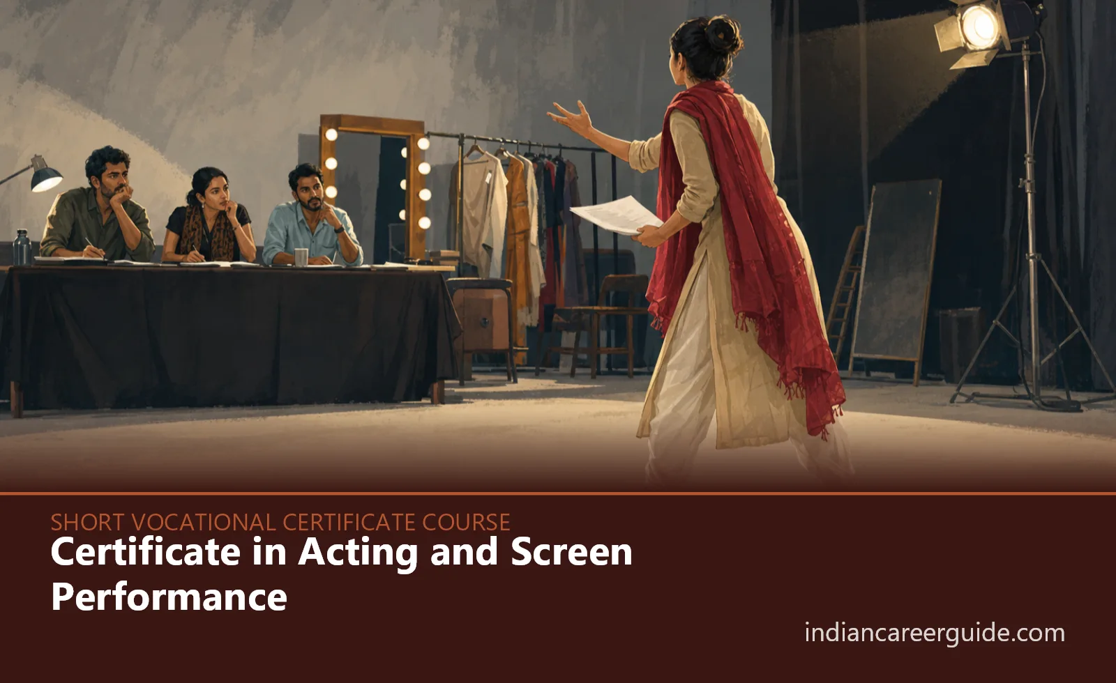 Theatre rehearsal room where a Certificate in Acting and Screen Performance student practises a scene with fellow actors.