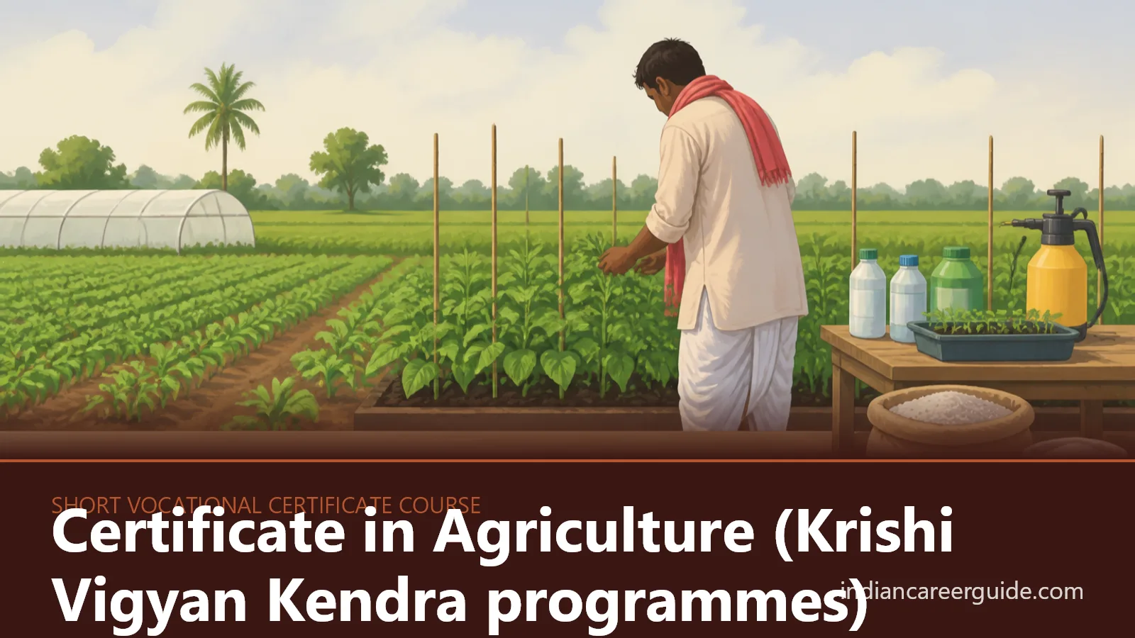 At a Krishi Vigyan Kendra field plot, a Certificate in Agriculture trainee records crop growth.