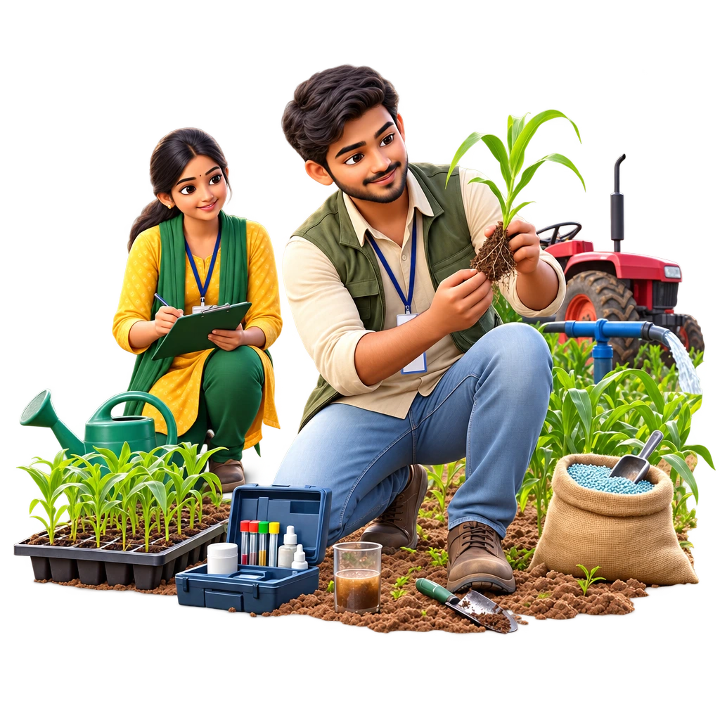 Certificate in Agriculture trainee checking crop leaves and applying fertiliser in a field.