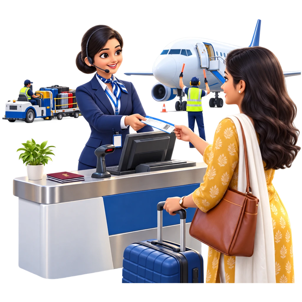 Check-in counter, boarding pass, baggage tags and safety cones used in Airport Ground Handling and Customer Service.